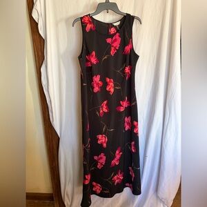 90s Vintage Floral Sleeveless Floor Length Dress - Black and Pink